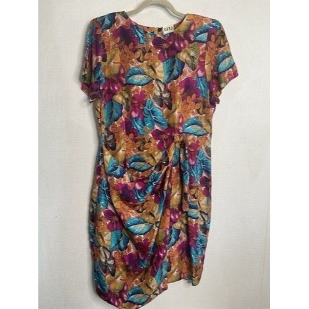 VTG Caroline Wells 100% Silk Midi Dress Women Size 14P Leaves Print‎ Church